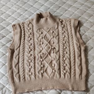 Debut Tan Cowl Neck Sweater Vest with Cable Knit